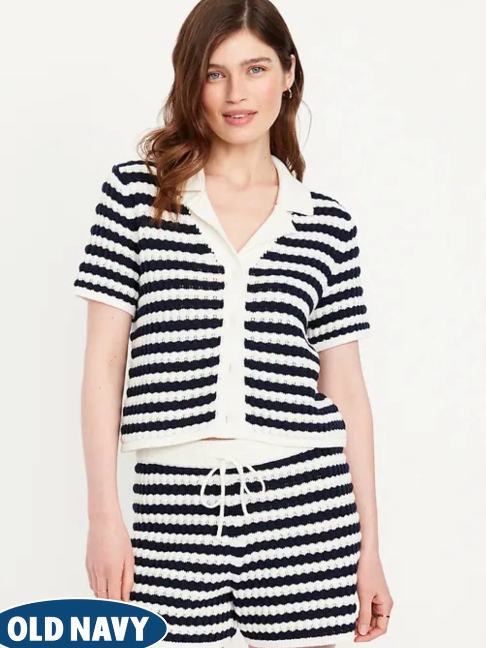 Old Navy Navy and White Button-Down Crochet Sweater